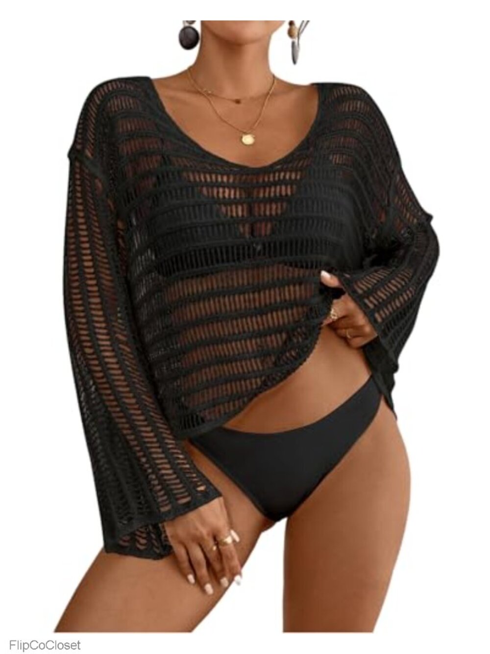 Crochet Long Sleeve Crop Top Beach Swimsuit Coverup Mesh Knit Cover Up